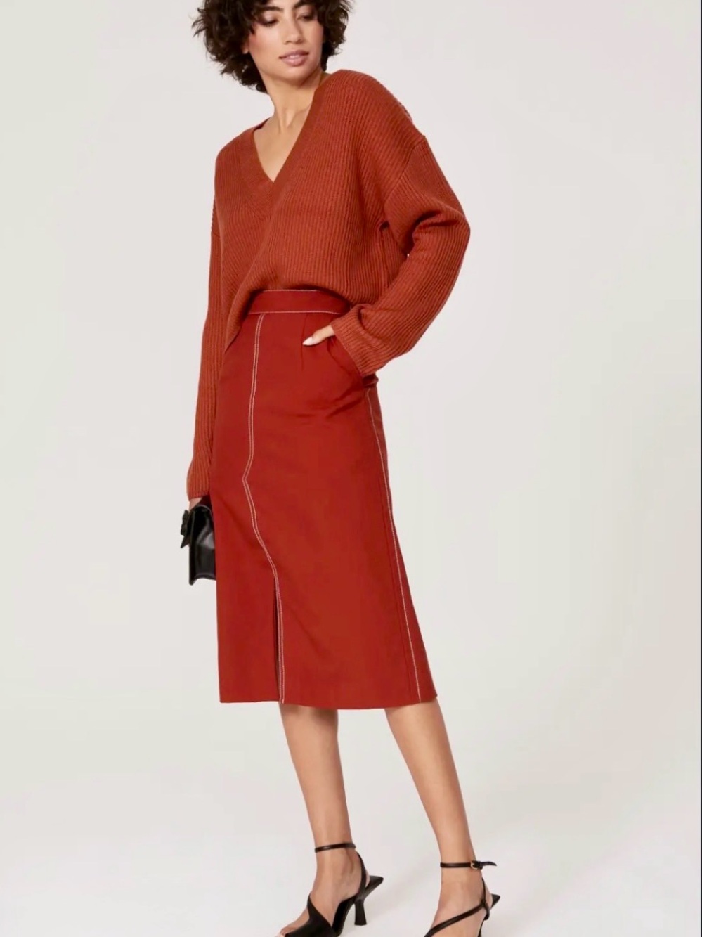 Marni Rust Orange Wool Contrast Stitch Midi Skirt IT 40 US 4